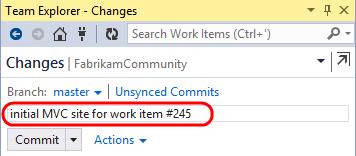 Typing # followed by the work item ID will automatically link the commit to the work item when pushed to the server.