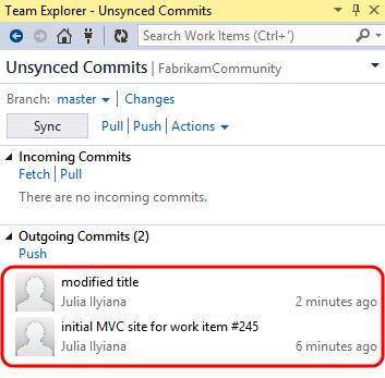 29. The Team Explorer Unsynced Commits view shows both incoming and outgoing commits.
