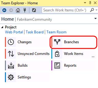1. Return to Visual Studio and open Team Explorer Home. 2. Select the Branches tile.