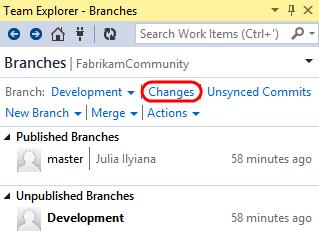 Figure 36 Changes link from the Team Explorer - Branches view 8.