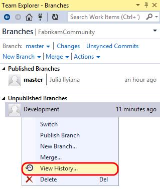 Figure 40 Viewing history for local branch Figure 41 Source history for selected branch 12.