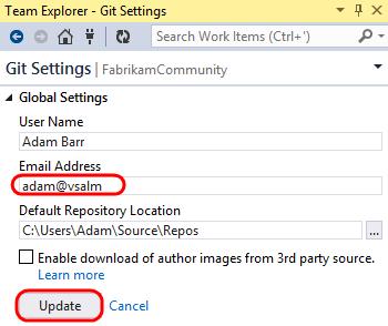 22. Open the Git Settings from Team Explorer Settings as you did in the first exercise and add an email address for Adam.