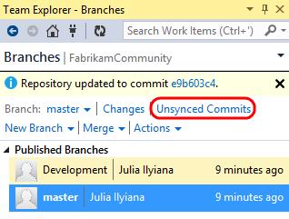 34. Still unaware of Adam s change that he pushed to the Main branch earlier, Julia will now attempt to push her commit. Select the Unsynced Commits link.