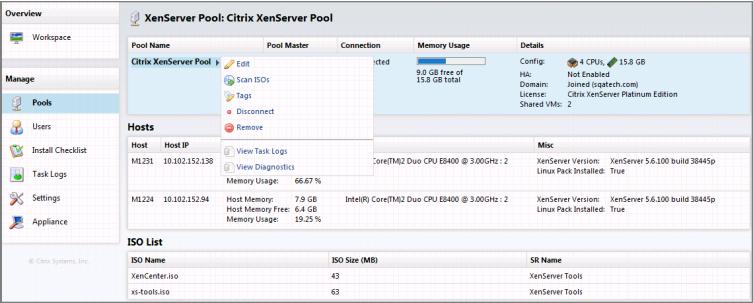 3. Managing Pools XenServer pools added to the Web Self Service are listed under Pools. If you are using AD authentication, you will need to designate one of the pools as the Authentication Pool.