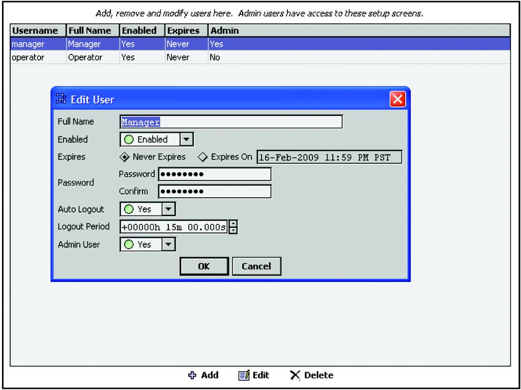 USERS Users can be added, removed and modified in the user setup screen. Admin users have access to the setup screens. Default Users Fig. 13. Manager The user name and password are manager.