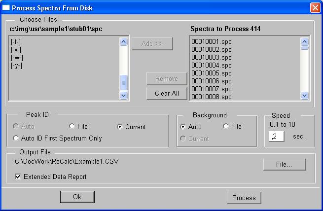 Chapter 8 Auto Spectrum Processing 8.3 Processing Spectra from Disk Up to 9,999 previously collected spectra can be processed.