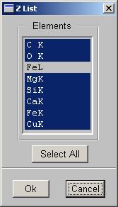 Chapter 9 TEM Materials Option 9.1.1 Z List Clicking on the Z List button in the expanded Quant panel allows for selection of the elements to be included in the quantification process.