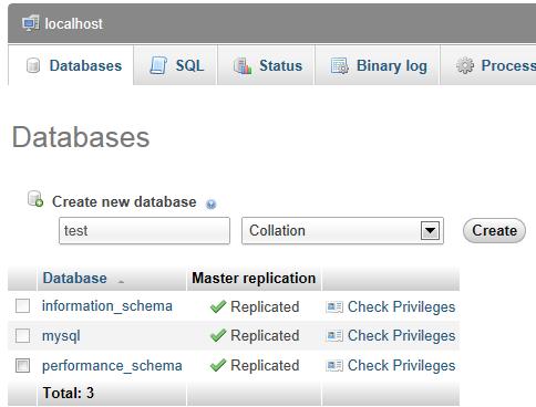 Create the Database Assuming we don t have a test database, we can create one by clicking on the Databases tab, entering the name test in