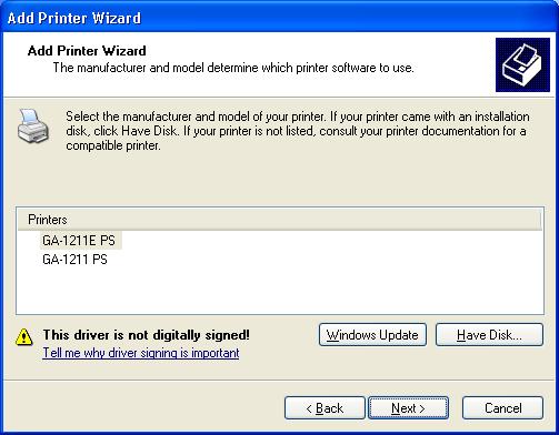 INSTALLING PRINTER DRIVERS 14 GA-1211 is not powered on. Network is not connected. GA-1211 is not configured properly. IP address is not correct.