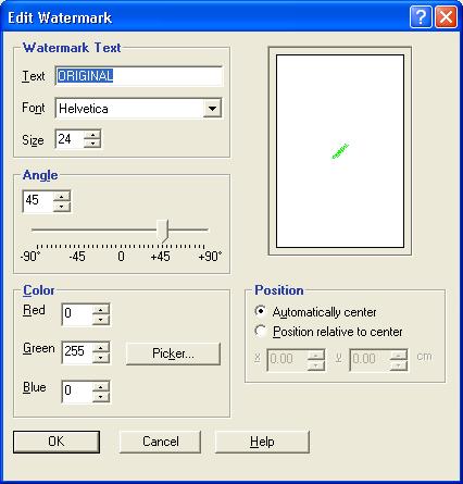 PRINTING 42 2 Select a watermark from the menu and click Edit. The Edit Watermark dialog box appears. 1 Preview area 1 3 Specify Font and Size of the text in the Watermark Text area.