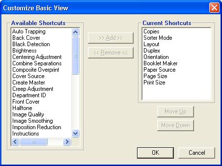 PRINTING 48 4 Click the Basic icon and then click Customize. The Customize Basic View dialog box is displayed. This dialog box contains the shortcuts for print options.
