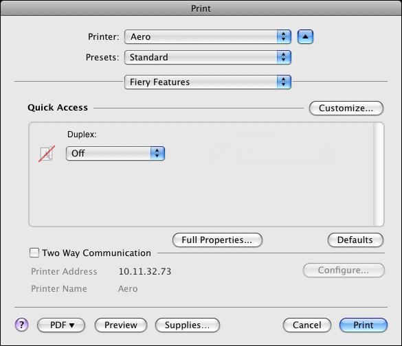 MAC OS 56 TO SET PRINT OPTIONS AND PRINT FROM MAC OS X 1 In your application, select File > Print, and select the EX Print Server as your printer. 2 Select Fiery Features from the drop-down list.