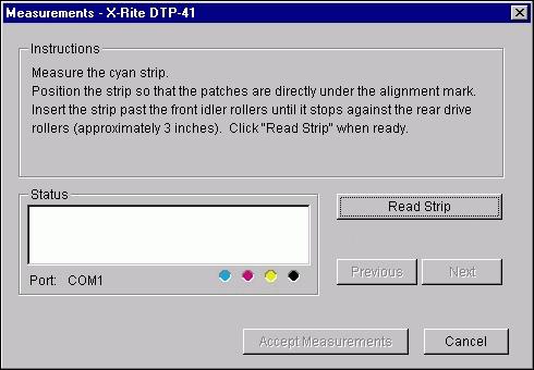 10 Feed the measurement page into the DTP41, starting with the cyan strip.