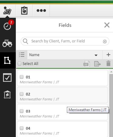How do I delete, send, or export fields? 1) In the Operation Center, click on the Field Icon on the left side. 2) Select the List icon.