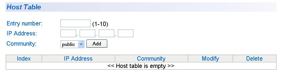 AT-S101 Management Software User s Guide Creating a Host Table Use the following procedure to create a Host Table. 1. From the menu on the left side of the page, select the SNMP folder.