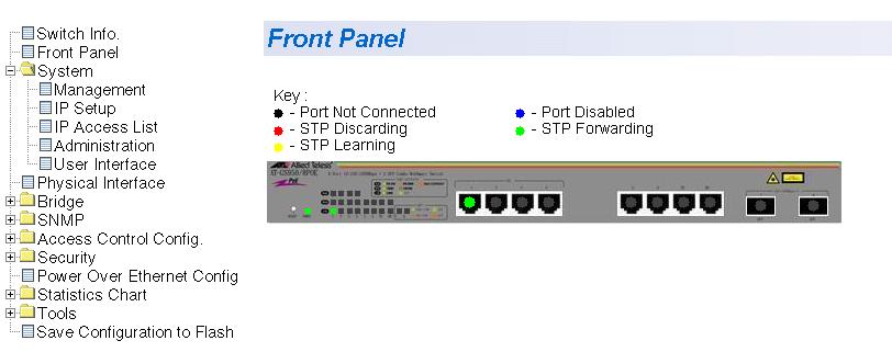AT-S101 Management Software User s Guide Tools Save Configuration 4. To see the front panel of the switch, select Front Panel from the menu on the left side of the page.