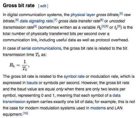 UART: baud rate vs bit rate UART communication speed is defined by its symbol rate measured in baud: 1 baud = 1 symbol per second in UART, a symbol has two values (0/1) -> 1 bit this number includes