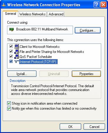 10. In the "Wireless Network Connection Properties" window, on the "General" tab, double click "Internet Protocol (TCP/IP).
