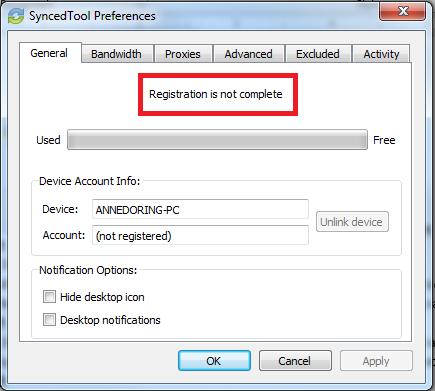 3. Click the OK button to confirm and continue. The Preferencesdialog box refreshes to display a message indicating that registration is not complete. 4.