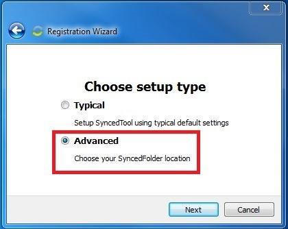 8. In the Choose Setup Type screen, select Advanced to choose your Synced Folder location. Click Next to continue. 9.