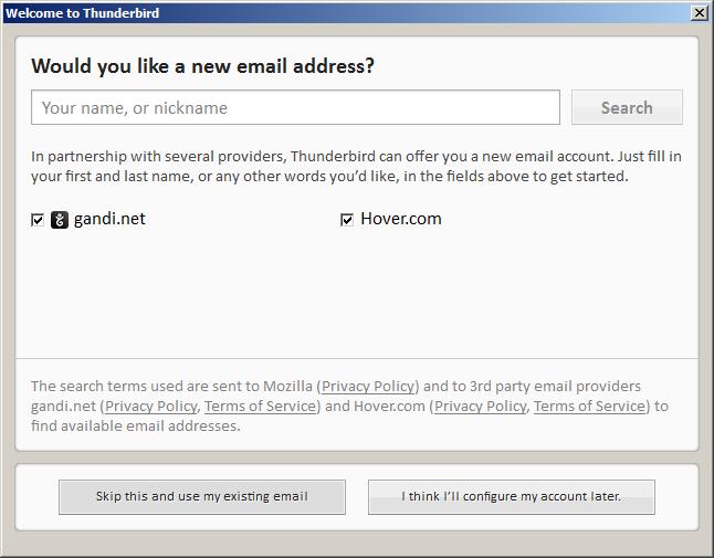 3. When Thunderbird asks if you d like a new email address, click Skip this and use my existing