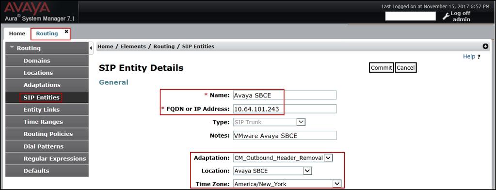 The following screen shows the addition of the Avaya SBCE SIP Entity for the Avaya SBCE: The FQDN or IP Address field is set to the IP address of the SBC private network interface (see Figure 1).
