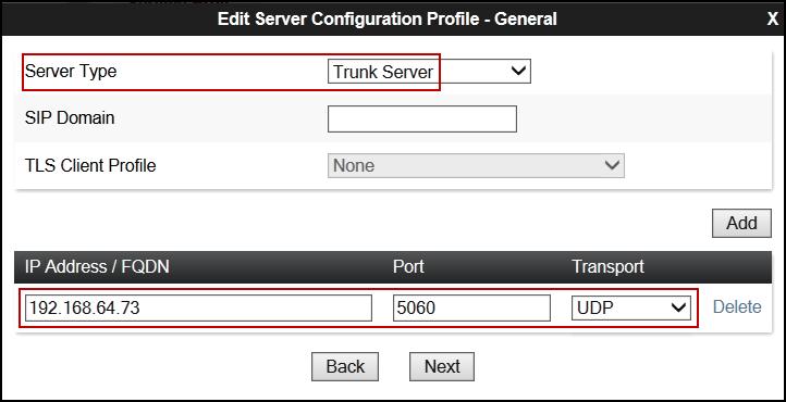 7.7.2. Server Configuration Profile Service Provider Similarly, to add the profile for the Trunk Server, click the Add button on the Server Configuration screen (not shown).