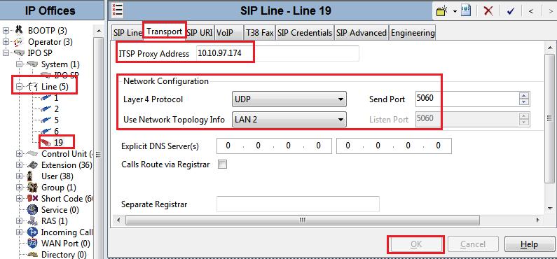 Select the Transport tab and enter the following information. The ITSP Proxy Address is set to the provided IP Address of Intermedia SIP trunk. Layer 4 Protocol is set to UDP.