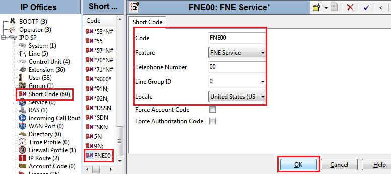 For incoming calls from mobility extension to FNE features hosted by IP Office to provide Dial Tone functionality, Short Code FNE00 was created. The FNE00 was configured with the following parameters.