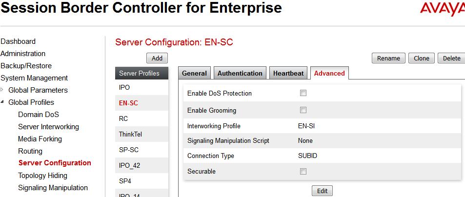 The Heartbeat tab is kept as disabled as default to allow the Avaya SBCE to forward the OPTIONS heartbeat from SP to EN to query the status of the SIP trunk.