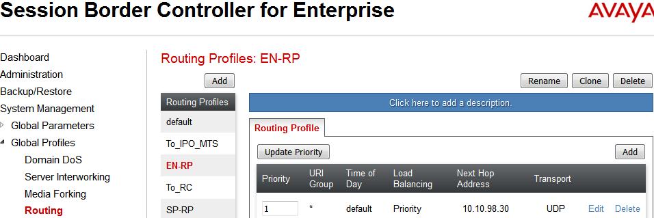6.2.4.2 Routing Profile for EN The Routing Profile for SP to EN, SP-to-EN, was defined to route call where the To header matches the URI Group SP defined in Section 6.2.1 to Next Hop Address which is the IP address of Session Manager as a destination.