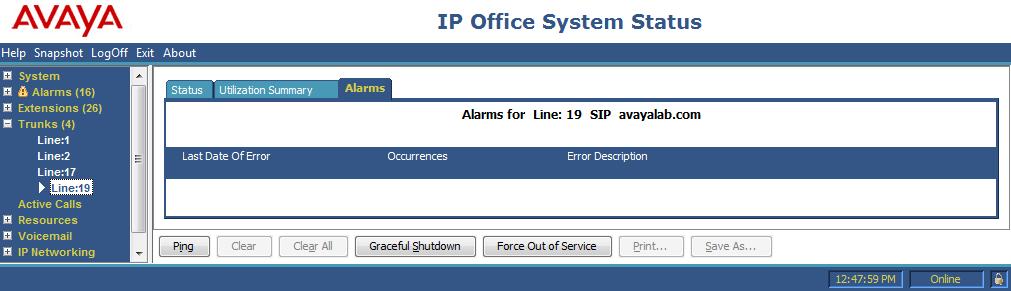 Select the Alarms tab and verify that no alarms are active on the SIP line. Verify that a phone connected to PSTN can successfully place a call to the Avaya IP Office with two-way audio.
