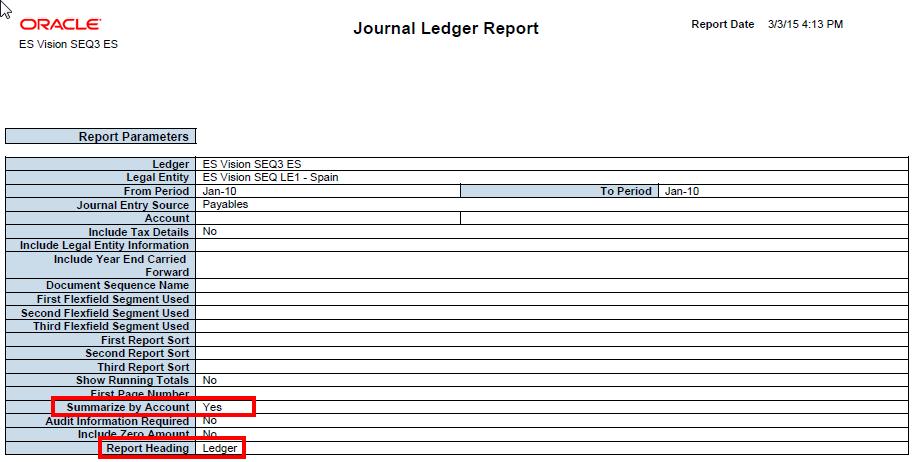 Summarize By Account, Print Ledger as Page Heading Enter