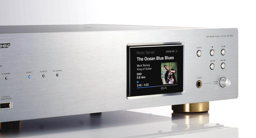 Network Audio Players Image of Japanese model Construction & Design Three-Chamber Shielded Chassis Twin Transformers High-Grade Parts Rigid Under Base Aluminium Front and Side Panels Audio Features