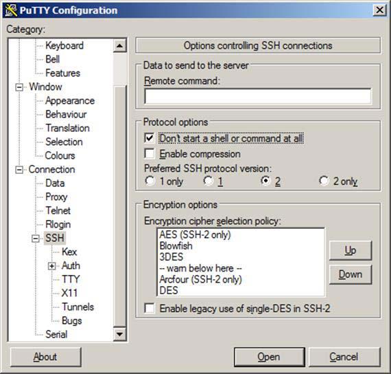 Device Configuration 8. Under Protocol options, select Don t start a shell or command at all to prevent getting a command prompt. Figure 2-18: PuTTY: SSH Connection Settings 9.