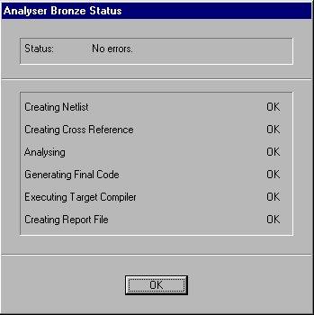 Figure 7. Analyser status dialog box 4.1.3 Simulating the created schematic 1.Start the simulator by clicking on Tools > Simulator. A new window will appear.