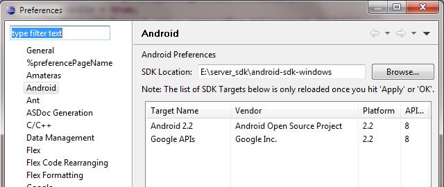 Configure ADT Plugin Open eclipse Window->Preferences, select Android Setup