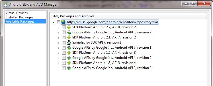 Setup SDK APIs Open Window->Android SDK and AVD Manager Click Available