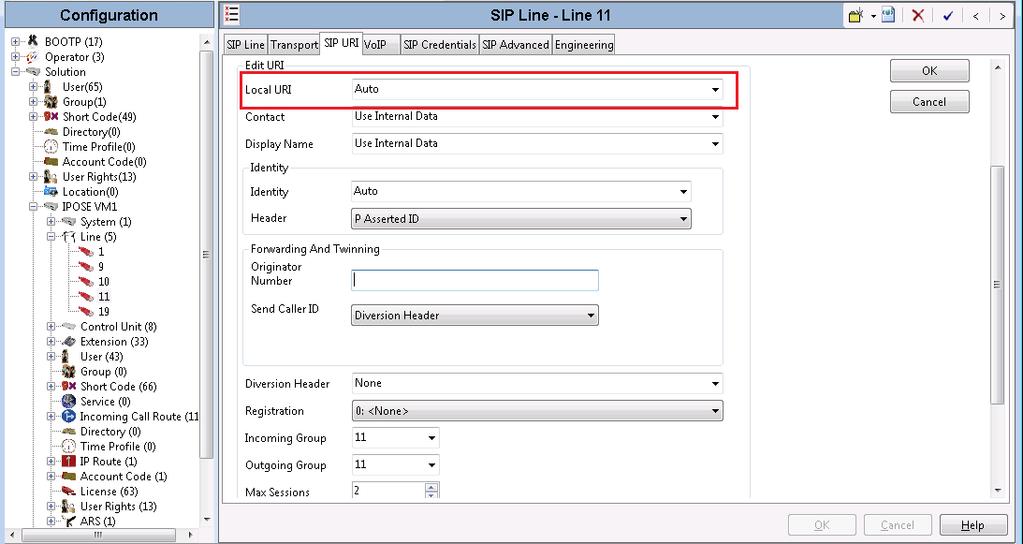 Select the SIP URI tab, and click Add to display the New Channel section. Select Auto for Local URI. Enter the SIP line number for Incoming Group and Outgoing Group.