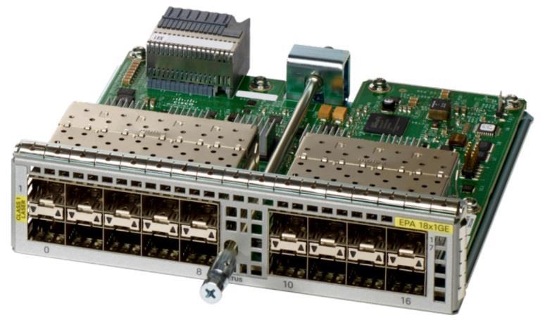 Figure 6. Cisco ASR 1000 Series 18-port 1 Gigabit Ethernet port adapter Figure 7. Cisco ASR 1000 Series 1-port 40 Gigabit Ethernet port adapter (2 physical QSFP ports) Figure 8.