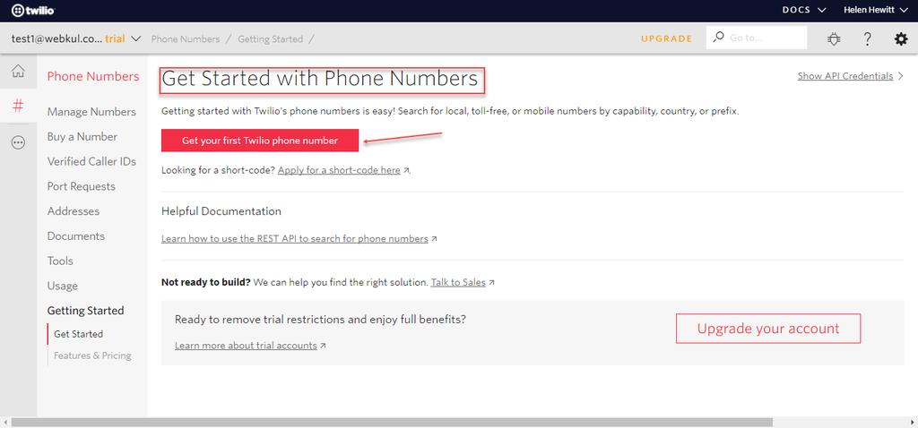 Step 10: Clicking the Get your first Twilio phone number