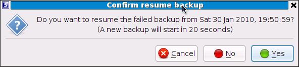 Resuming a backup By default, the Backup Client tries to connect to the Storage Platform four times before cancelling the backup process.