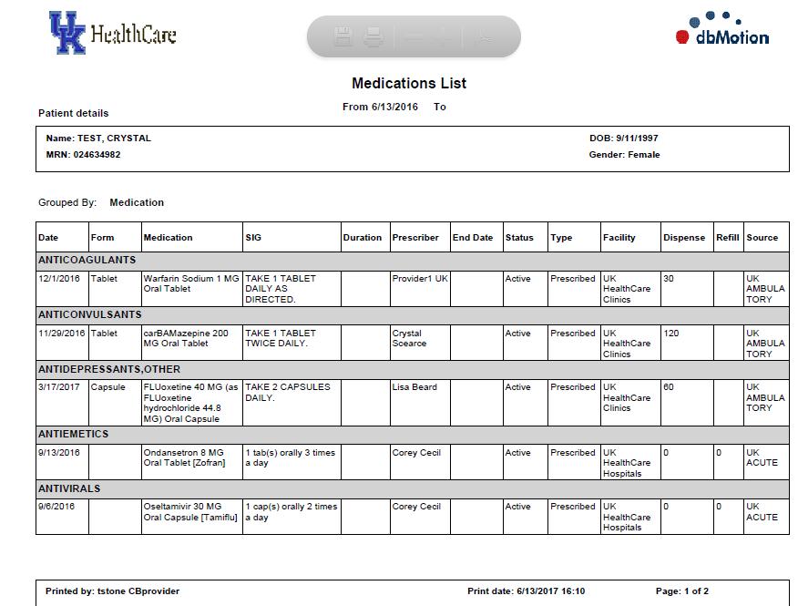 Medications provides a listing of medications prescribed by UKHC.