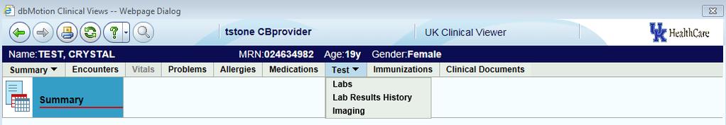 Test provides you with Labs (a chronological view of labs ordered), Lab Results History (a table view of lab