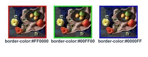 border-color img {border-style:solid; border-width:30px; border-color:#338800} Note: In