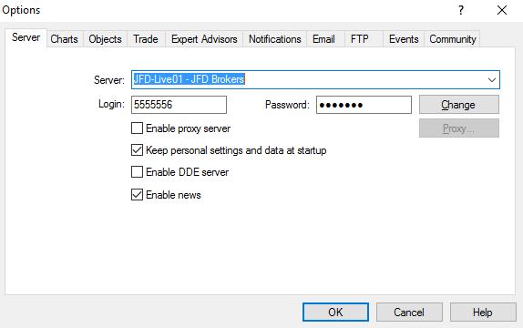 . OPENING AN ACCOUNT USERGUIDE MT4+ DESKTOP To set up the JFD Brokers MT4 platform, you should click Tools from the Main Menu and then select Options.