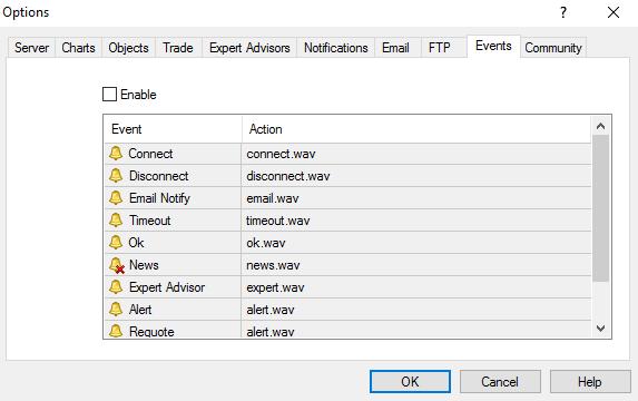 2. SERVER AND ACCOUNT SETTINGS USERGUIDE MT4+ DESKTOP B. EVENT SETUP The Events tab () in the Options dialog box gives allows you to assign a particular sound to each event (this can be any.