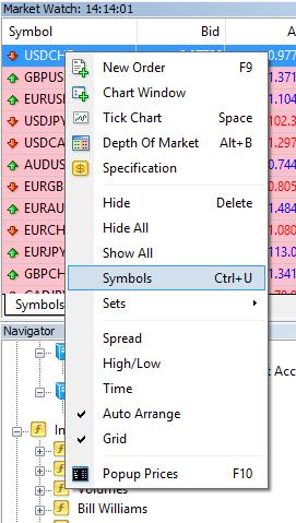 To view all instruments available for trading, select Symbols () and then choose the desired instruments form the