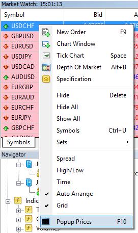 3. MARKET WATCH USERGUIDE MT4+ DESKTOP To view the popup prices, right-click in Symbols page of the Market Watch