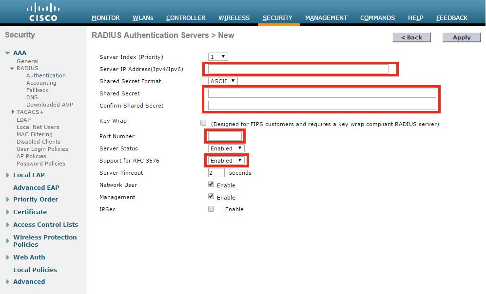 CONFIGURING ODYSSYS WITHIN THE Cisco WLC AAA RADIUS Configuration 1. Log into the Cisco WLC. 2.